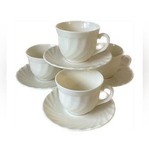 Arcopal Trianon Ivory Swirl Glass Cups and Saucers Set of 4 France